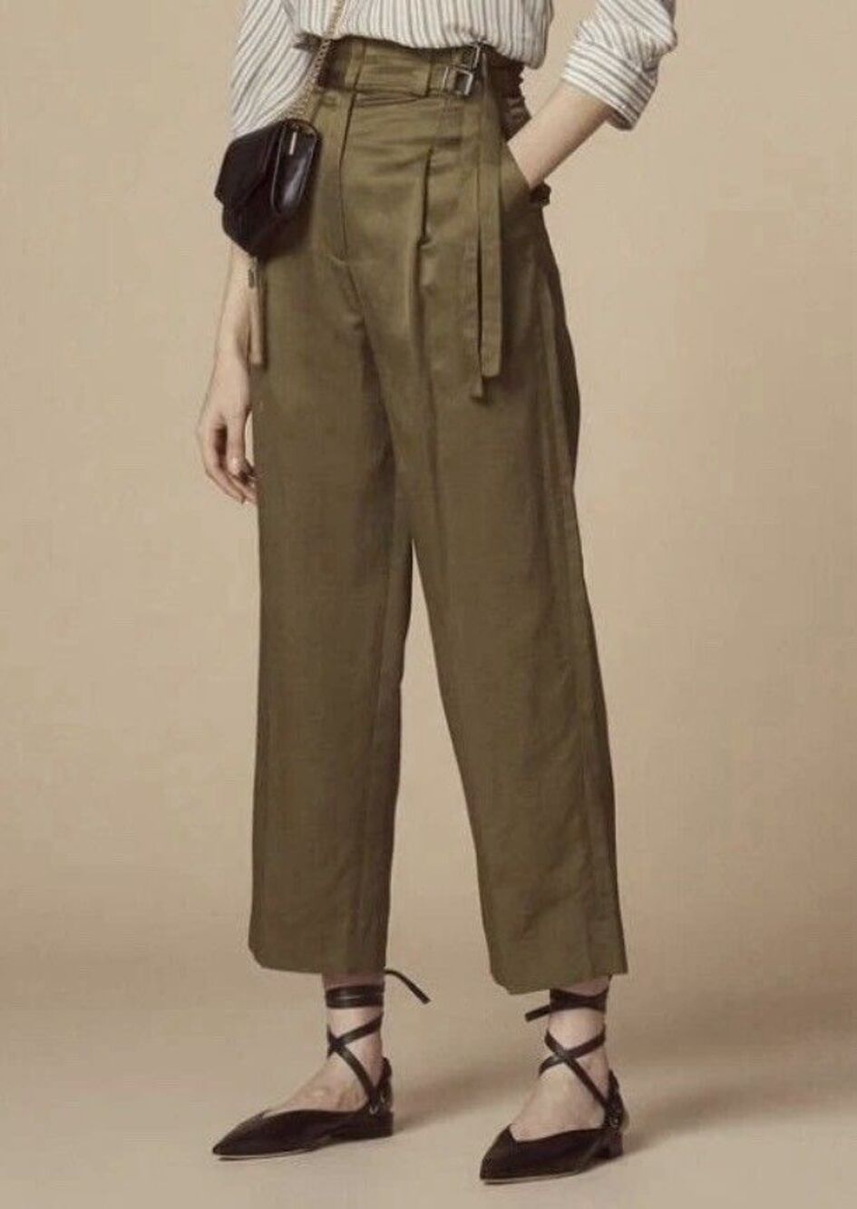Sandro Women Green High Rise Waist Crop Wide Leg Double Belt Pants Size 36 EUC